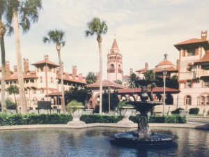 Flagler College is a wonder of Spanish architecture, originally the hotel built by Henry Flagler to attract passengers to his pan-Florida railroad. This shot is a bit of cheat....it's from a postcard because the college was shrouded in scaffolding while we were here.