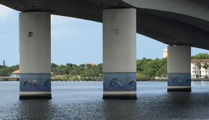 The fixed height bridge leading into the Halifax Harbour Marina is adorned with fanciful sea life mosaics. A pretty view for boaters.