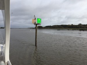 We are in less than 5 feet of water here. Dot.Calm draws 3 feet, but any chop or a wake from another boat can create problems.
